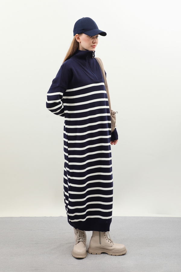 Çizgili Uzun Elbise Lacivert - 4