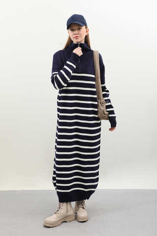 Çizgili Uzun Elbise Lacivert - 1