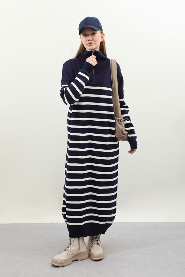 Çizgili Uzun Elbise Lacivert - 1