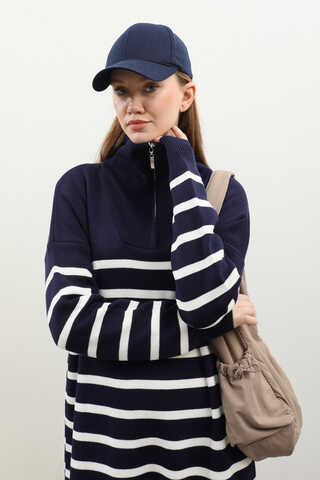 Çizgili Uzun Elbise Lacivert - 5