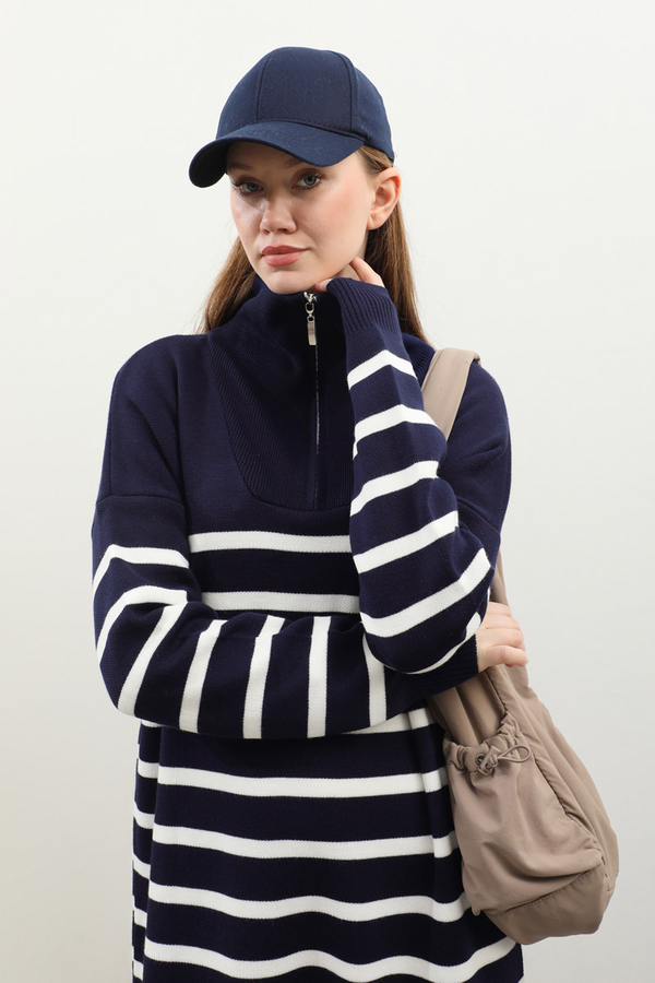 Çizgili Uzun Elbise Lacivert - 5