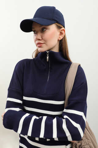 Çizgili Uzun Elbise Lacivert - 6