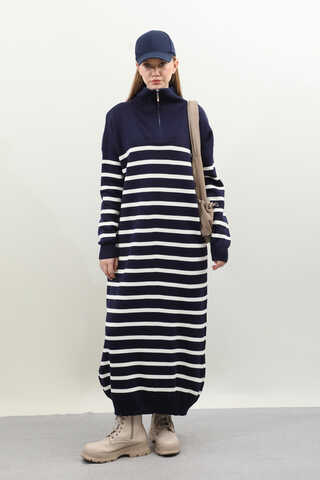 Çizgili Uzun Elbise Lacivert - 2