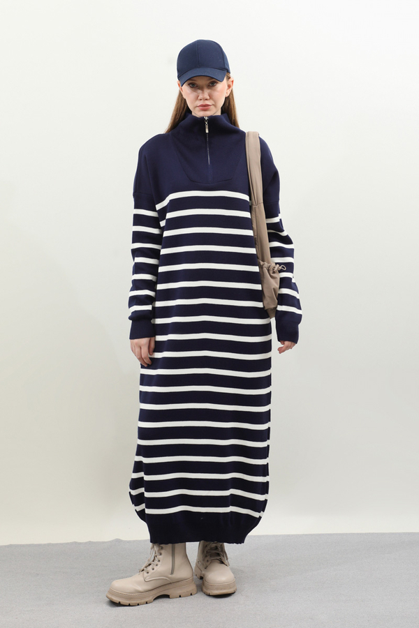 Çizgili Uzun Elbise Lacivert - 2