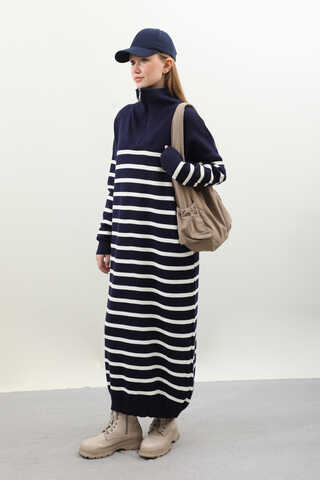 Çizgili Uzun Elbise Lacivert - 3