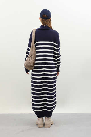 Çizgili Uzun Elbise Lacivert - 7