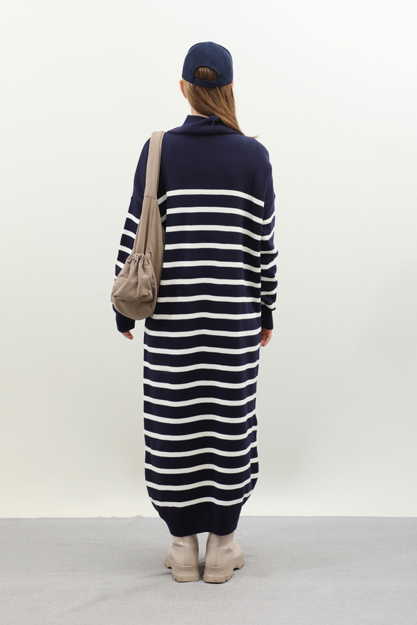 Çizgili Uzun Elbise Lacivert - 7