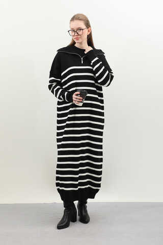 Çizgili Uzun Elbise Siyah - 1