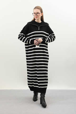 Çizgili Uzun Elbise Siyah - 2