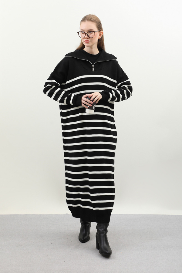 Çizgili Uzun Elbise Siyah - 2