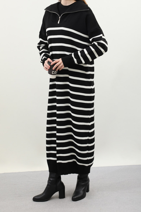 Çizgili Uzun Elbise Siyah - 4