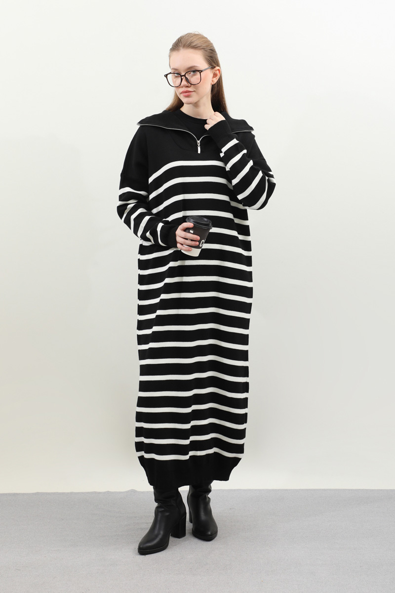 Çizgili Uzun Elbise Siyah