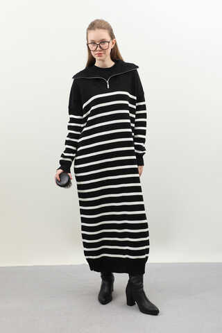 Çizgili Uzun Elbise Siyah - 3