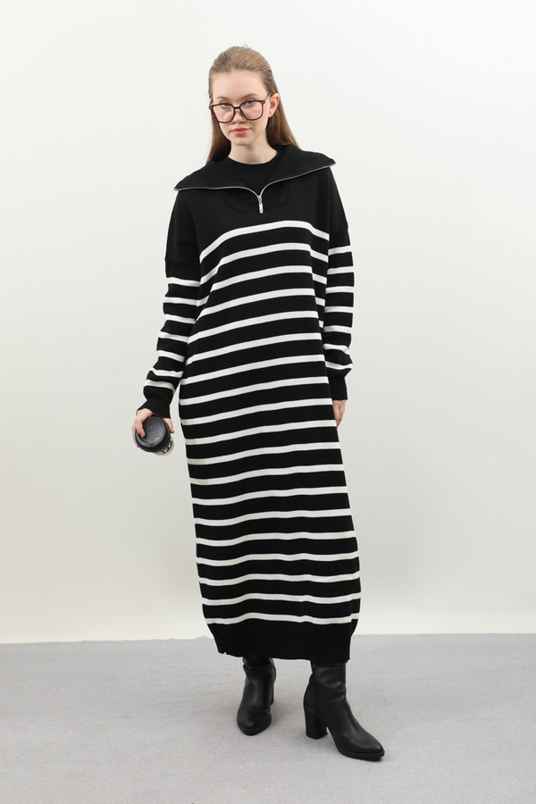 Çizgili Uzun Elbise Siyah - 3