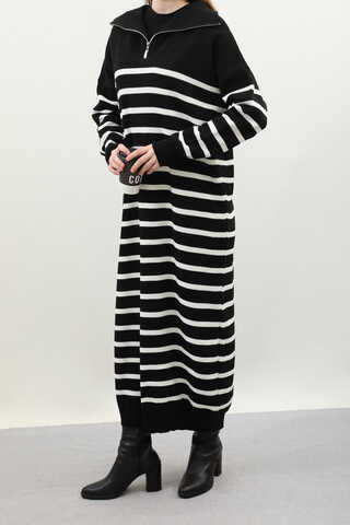 Çizgili Uzun Elbise Siyah - 4