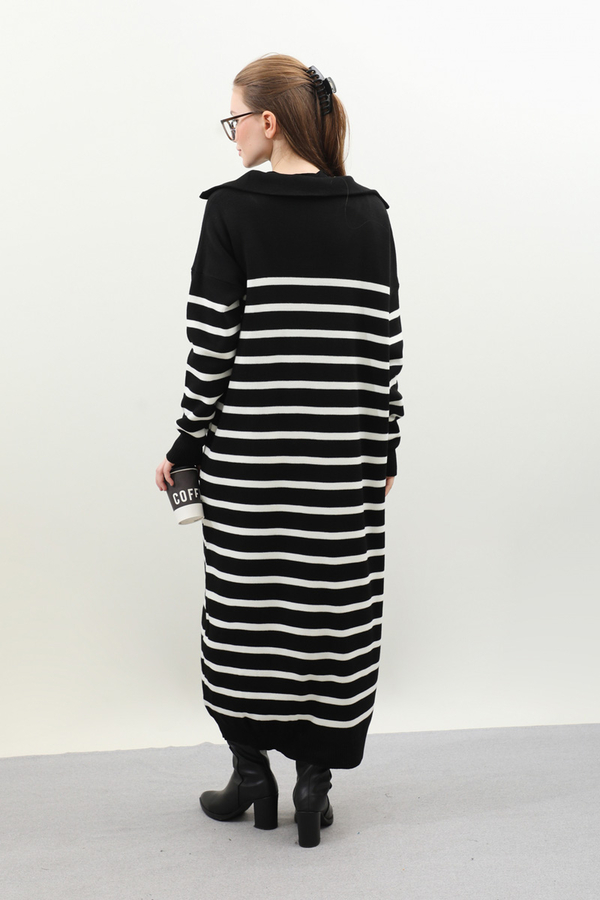 Çizgili Uzun Elbise Siyah - 6