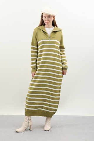 Çizgili Uzun Elbise Yağ Yeşili - 1