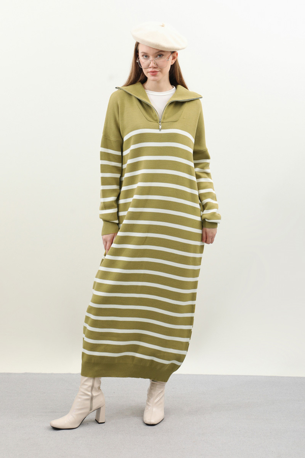 Çizgili Uzun Elbise Yağ Yeşili - 1