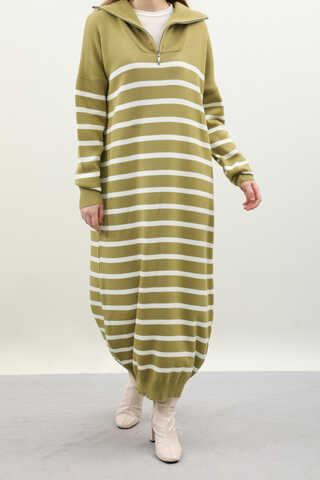 Çizgili Uzun Elbise Yağ Yeşili - 3