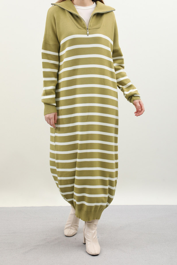 Çizgili Uzun Elbise Yağ Yeşili - 3