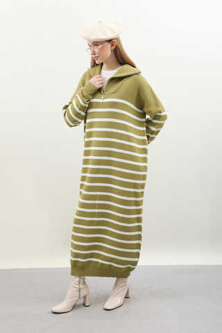 Çizgili Uzun Elbise Yağ Yeşili - 4