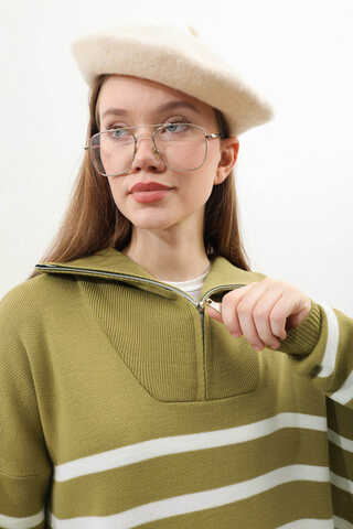 Çizgili Uzun Elbise Yağ Yeşili - 6