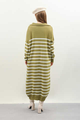 Çizgili Uzun Elbise Yağ Yeşili - 7