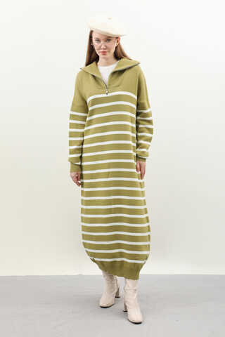 Çizgili Uzun Elbise Yağ Yeşili - 2