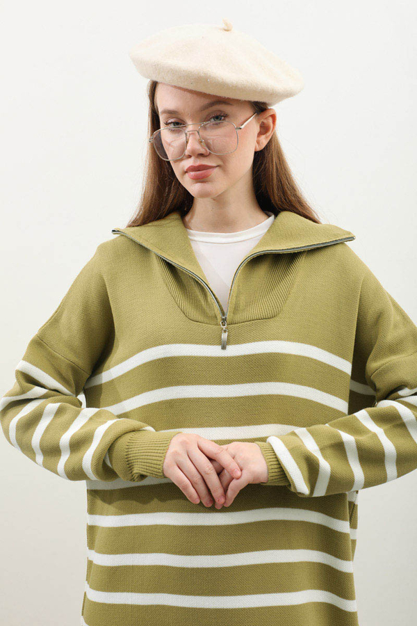 Çizgili Uzun Elbise Yağ Yeşili - 5