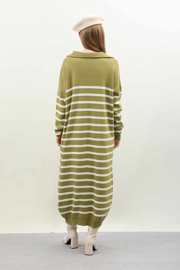 Çizgili Uzun Elbise Yağ Yeşili - 7