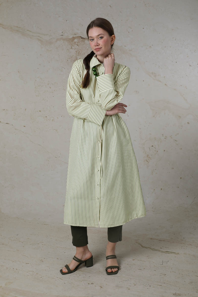 Çizgili Uzun Gömlek Tunik Haki