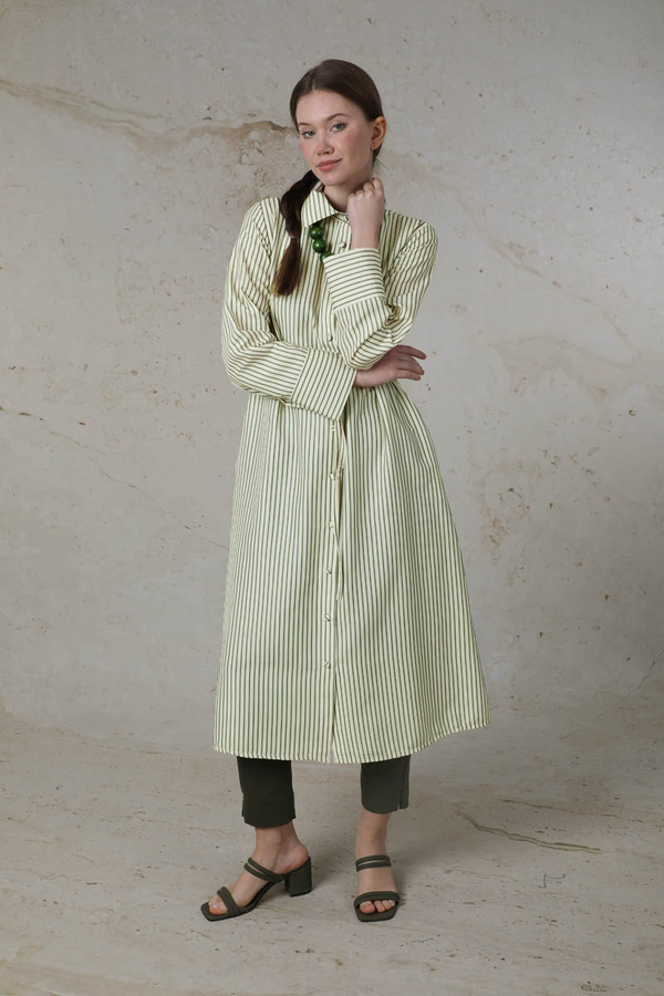 Çizgili Uzun Gömlek Tunik Haki - 1