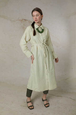 Çizgili Uzun Gömlek Tunik Haki - 3