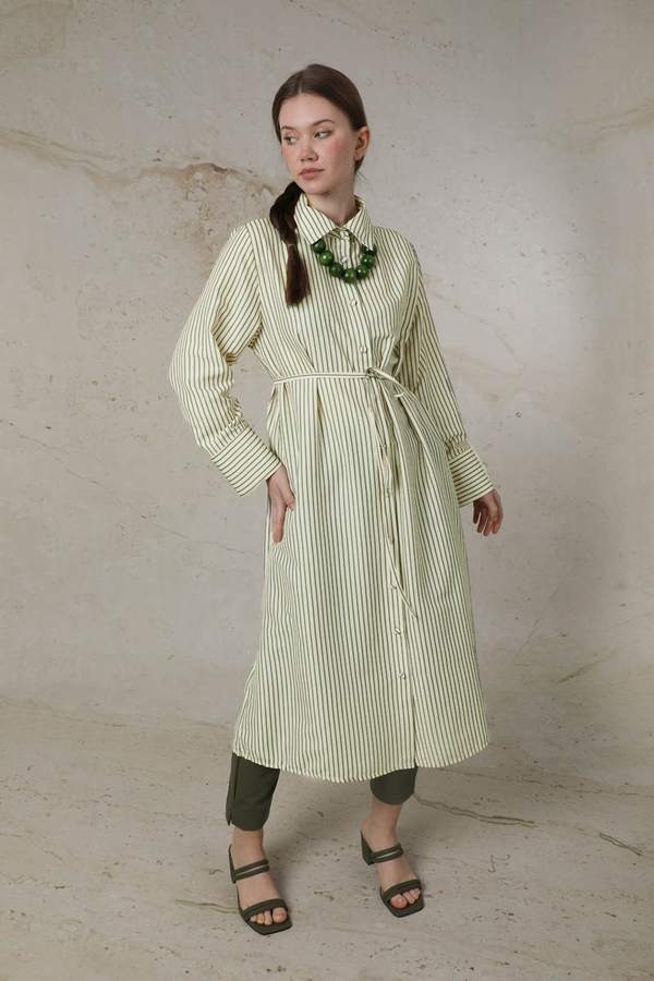 Çizgili Uzun Gömlek Tunik Haki - 3