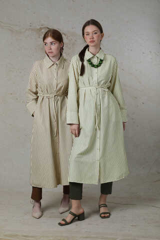 Çizgili Uzun Gömlek Tunik Haki - 5