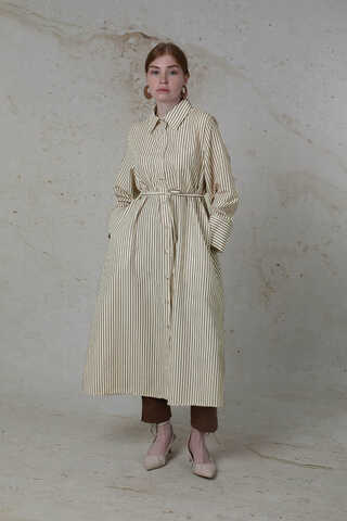 Çizgili Uzun Gömlek Tunik Kahverengi - 1