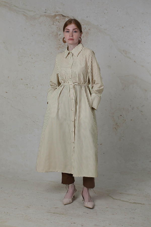 Çizgili Uzun Gömlek Tunik Kahverengi 