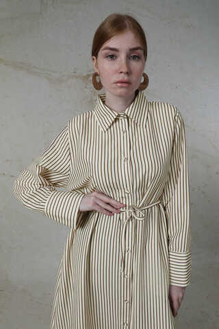 Çizgili Uzun Gömlek Tunik Kahverengi - 2