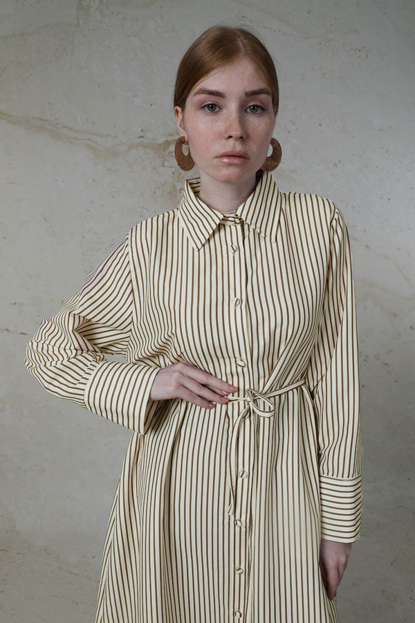 Çizgili Uzun Gömlek Tunik Kahverengi - 2