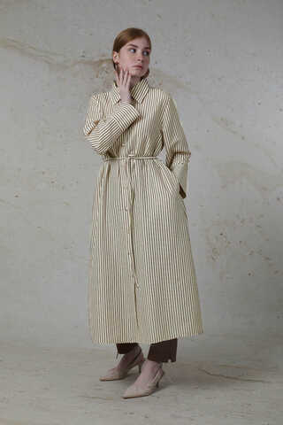 Çizgili Uzun Gömlek Tunik Kahverengi - 3