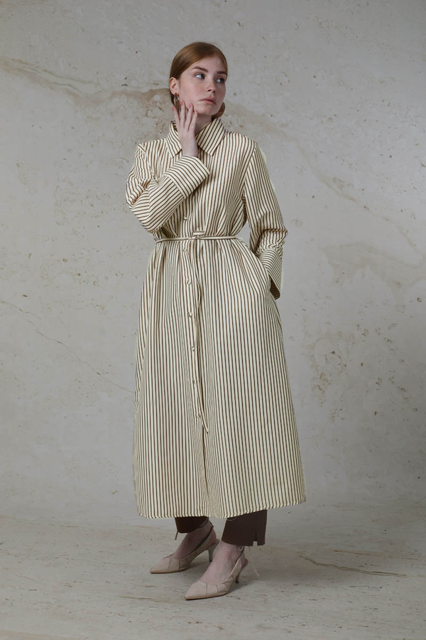 Çizgili Uzun Gömlek Tunik Kahverengi - 3