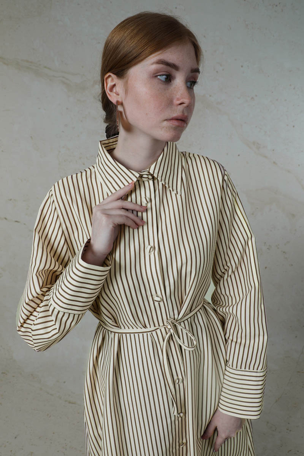 Çizgili Uzun Gömlek Tunik Kahverengi - 4