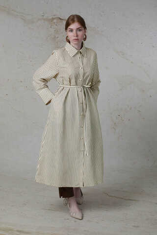 Çizgili Uzun Gömlek Tunik Kahverengi - 5