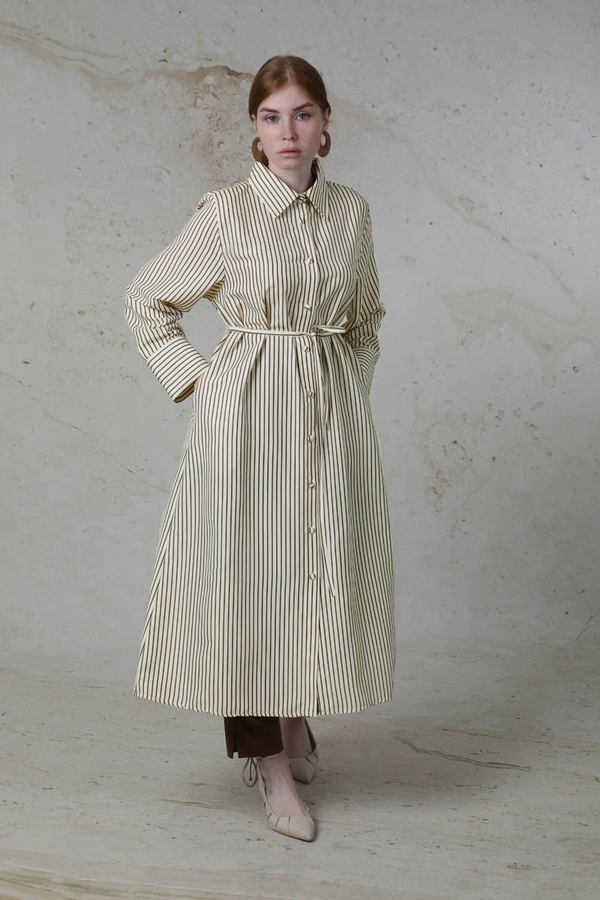 Çizgili Uzun Gömlek Tunik Kahverengi - 5