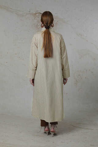 Çizgili Uzun Gömlek Tunik Kahverengi - 6