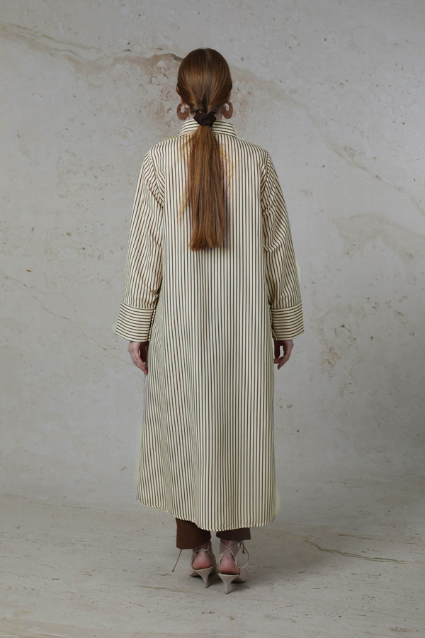 Çizgili Uzun Gömlek Tunik Kahverengi - 6