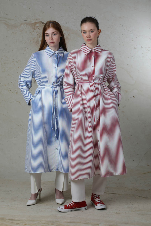 Çizgili Uzun Gömlek Tunik Nar Çiçeği - 1