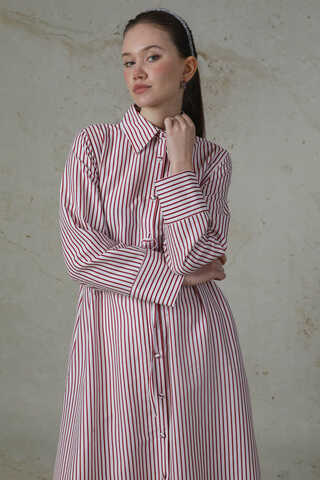 Çizgili Uzun Gömlek Tunik Nar Çiçeği - 2