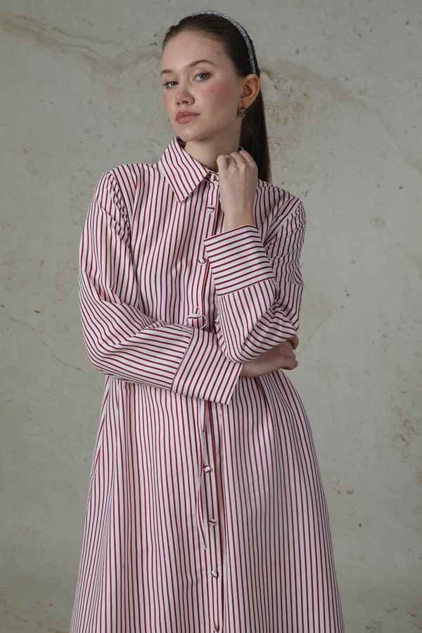 Çizgili Uzun Gömlek Tunik Nar Çiçeği - 2