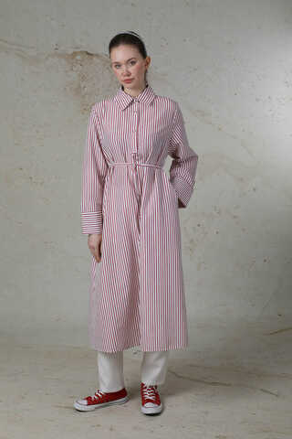 Çizgili Uzun Gömlek Tunik Nar Çiçeği - 3